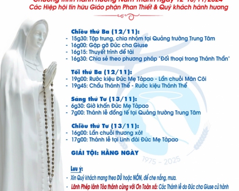 THÔNG BÁO: CHƯƠNG TRÌNH HÀNH HƯƠNG ĐỨC MẸ TÀPAO (NGÀY 12&13/11/2024)