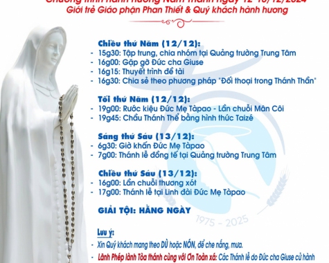 THÔNG BÁO: CHƯƠNG TRÌNH HÀNH HƯƠNG ĐỨC MẸ TÀPAO (NGÀY 12&13/12/2024)